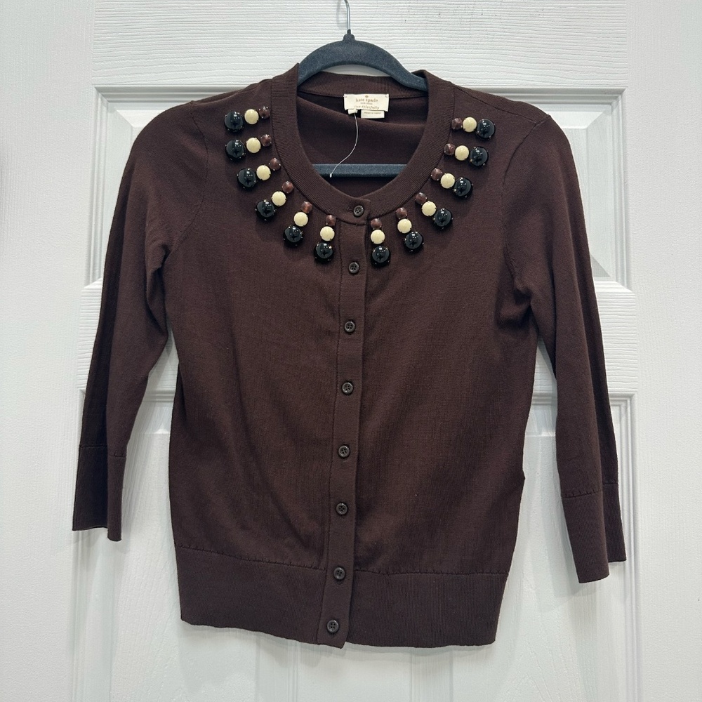 Kate Spade New York 100% cotton Embellished Collar Cardigan Sweater XS‎ BURGUNDY